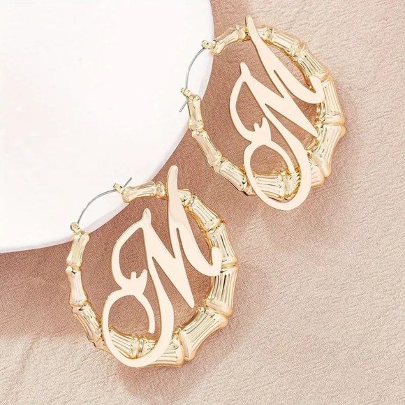Slub Letter Design Hoop Earrings Retro Elegant Style Alloy 18K Gold Plated - Picture 1 of 8